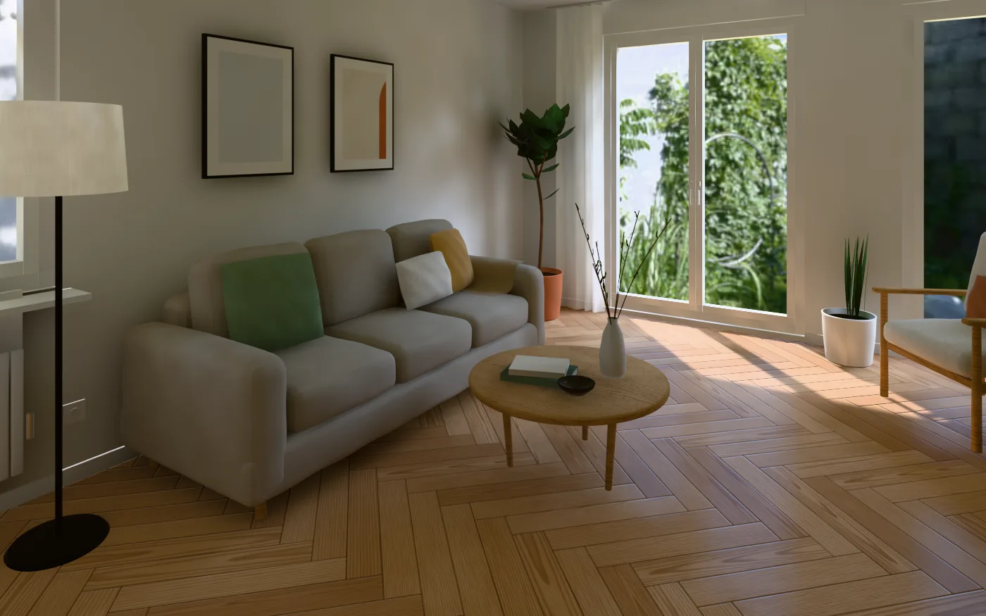3D vizualizace obývacího pokoje s vinylovou podlahou v rybí kosti